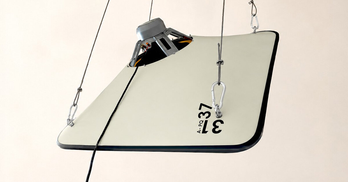 suspended open-baffle loudspeaker system made from concrete canvas