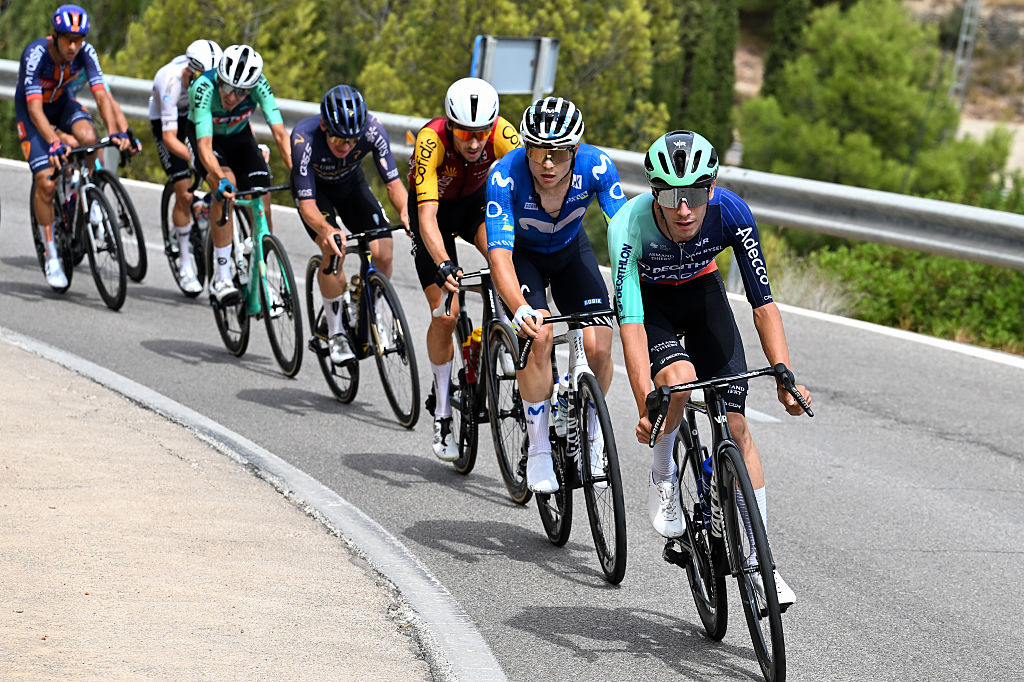 ARAMON VALDELINARES, SPAIN - AUGUST 29: (L-R) Raul Garcia Pierna of Spain and Movistar Team and Leo Bisiaux of France and Team Decathlon CMA CGM attack during the La Vuelta - 81st Tour of Spain 2026, Stage 7 a 149.48m stage from Vall d&amp;apos;Alba to Aramon Valdelinares 1965m / #UCIWT / on August 29, 2026 in Aramon Valdelinares, Spain. (Photo by Tim de Waele/Getty Images)