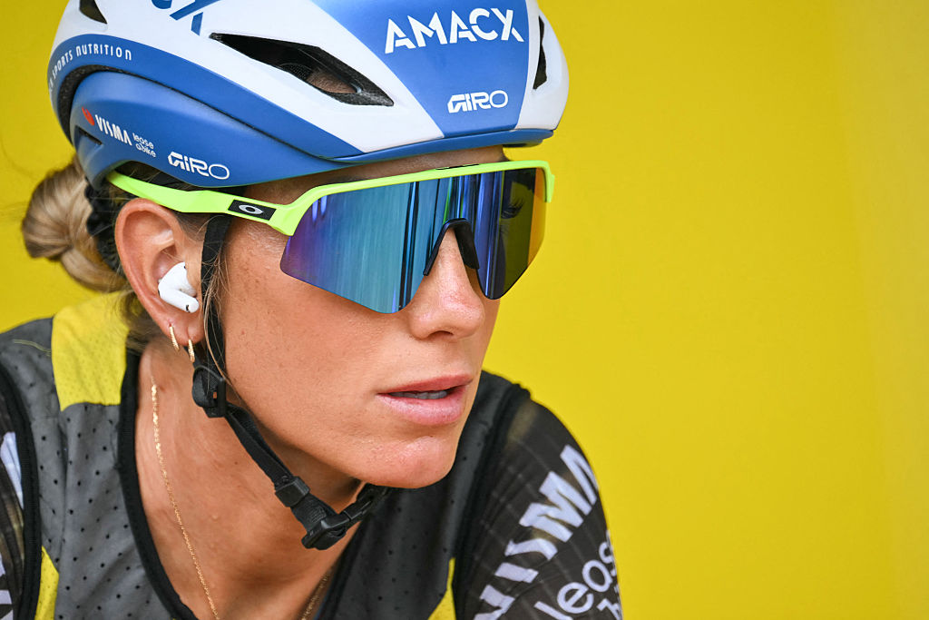Team Visma | Lease a Bike's French rider Pauline Ferrand-Prevot looks on as she warms up ahead of the 3rd (out of 9) stage of the fifth edition of the Women's Tour de France cycling race, 156.5 km from Geneva to Poligny, in Poligny, central-eastern France on August 3, 2026. (Photo by NICOLAS TUCAT / AFP)