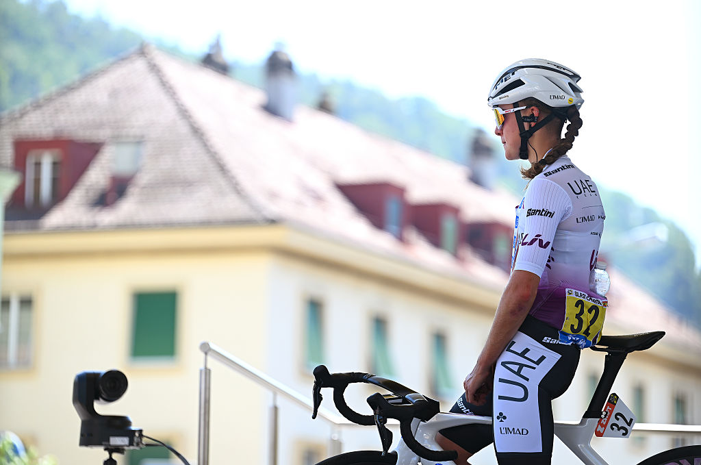 AIGLE, SWITZERLAND - AUGUST 02: Paula Blasi Cairol of Spain and UAE Team ADQ - White best young jersey prior to the 5th Tour de France Femmes 2026, Stage 2 a 147.9km stage from Aigle to Geneva / #UCIWWT / on August 02, 2026 in Aigle, Switzerland. (Photo by Tim de Waele/Getty Images)