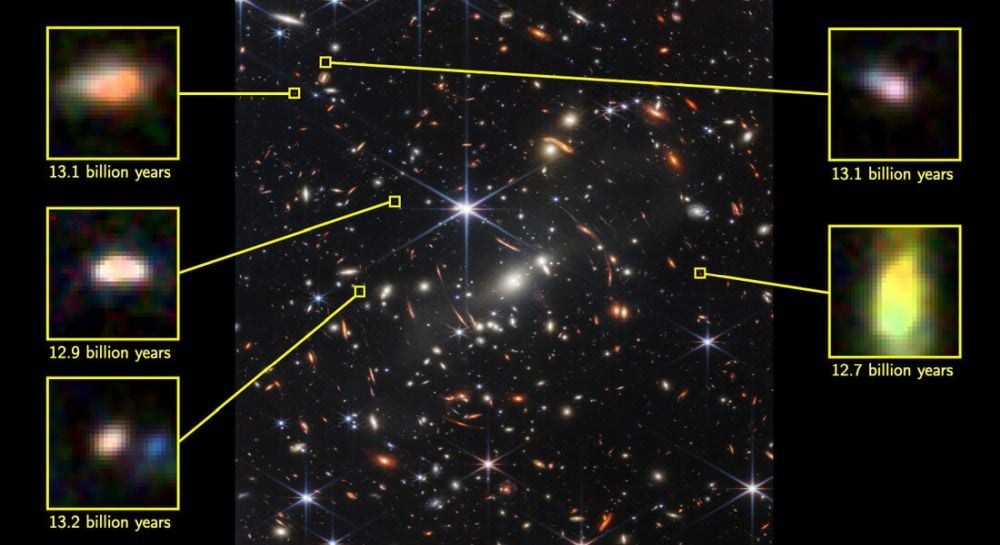 This JWST image was the first image released by the telescope. It shows the galaxy cluster SMACS 0723 and some of its members. One of the telescope's first discoveries was that early galaxies were already more massive than we can explain only a few hundred million years after the Big Bang. New research says that these theory-breaking galaxies were actually even more massive. Image Credit: NASA, ESA, CSA, STScI / Giménez-Arteaga et al. (2023), Peter Laursen (Cosmic Dawn Center)