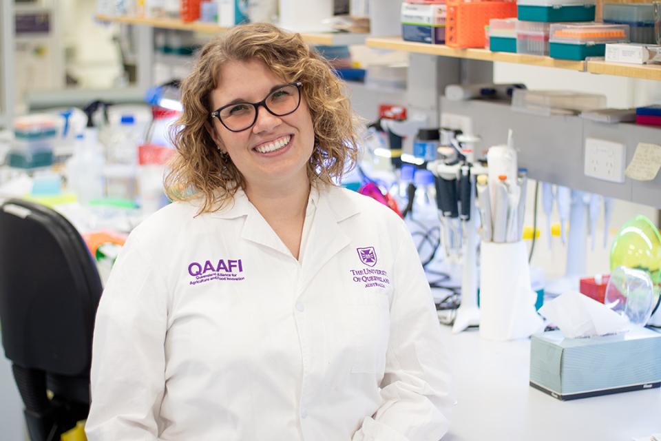 A person stands in a scientific laboratory wearing a white lab coat with University of Queensland and QAAFI logos. Laboratory benches, pipettes, sample containers, and research equipment are visible in the background, with shelves holding various laboratory supplies and plastic storage boxes.
