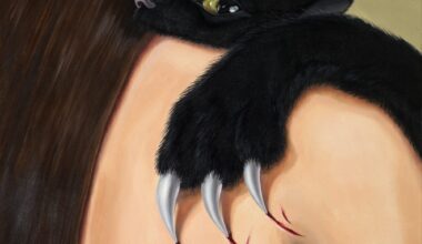 a painting of a woman holding a black cat over her shoulder, which nestles its face into her hair but leaves claw marks on her back