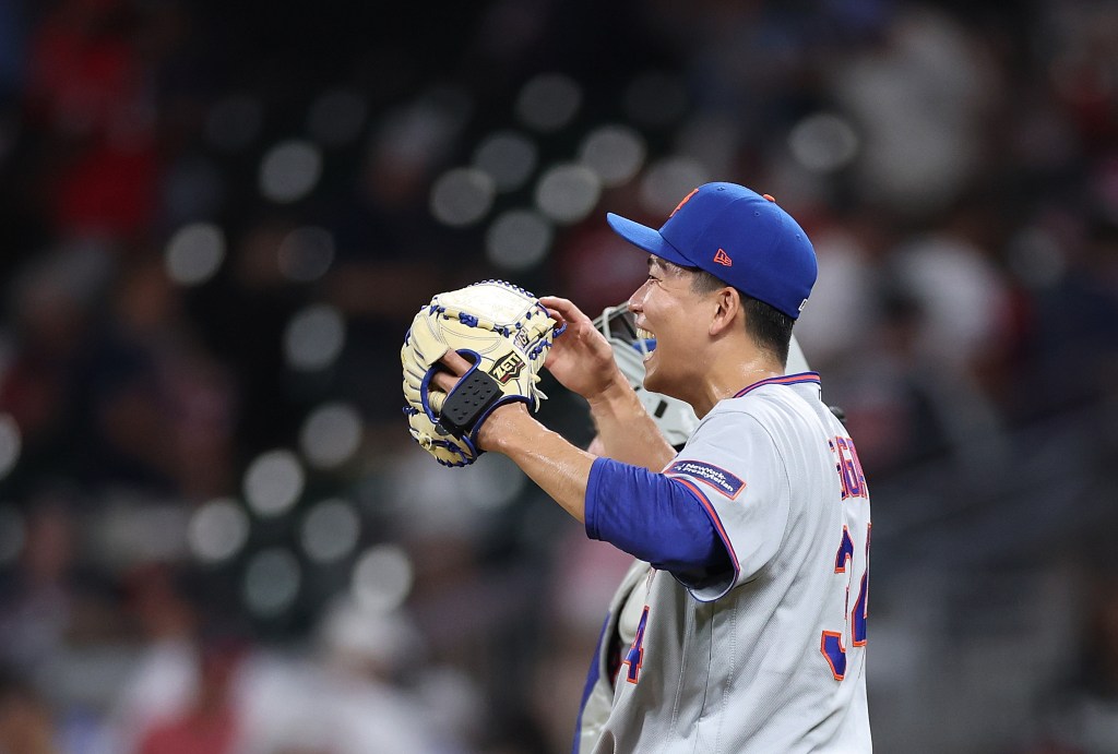 Kodai Senga of the New York Mets reacts after a win.