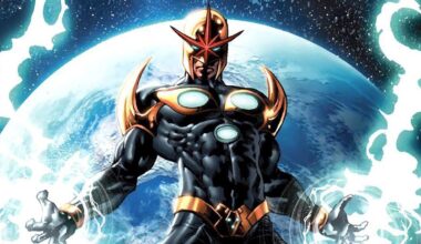 A screenshot of Marvel hero Nova floating above a planet with energy projecting from his hands