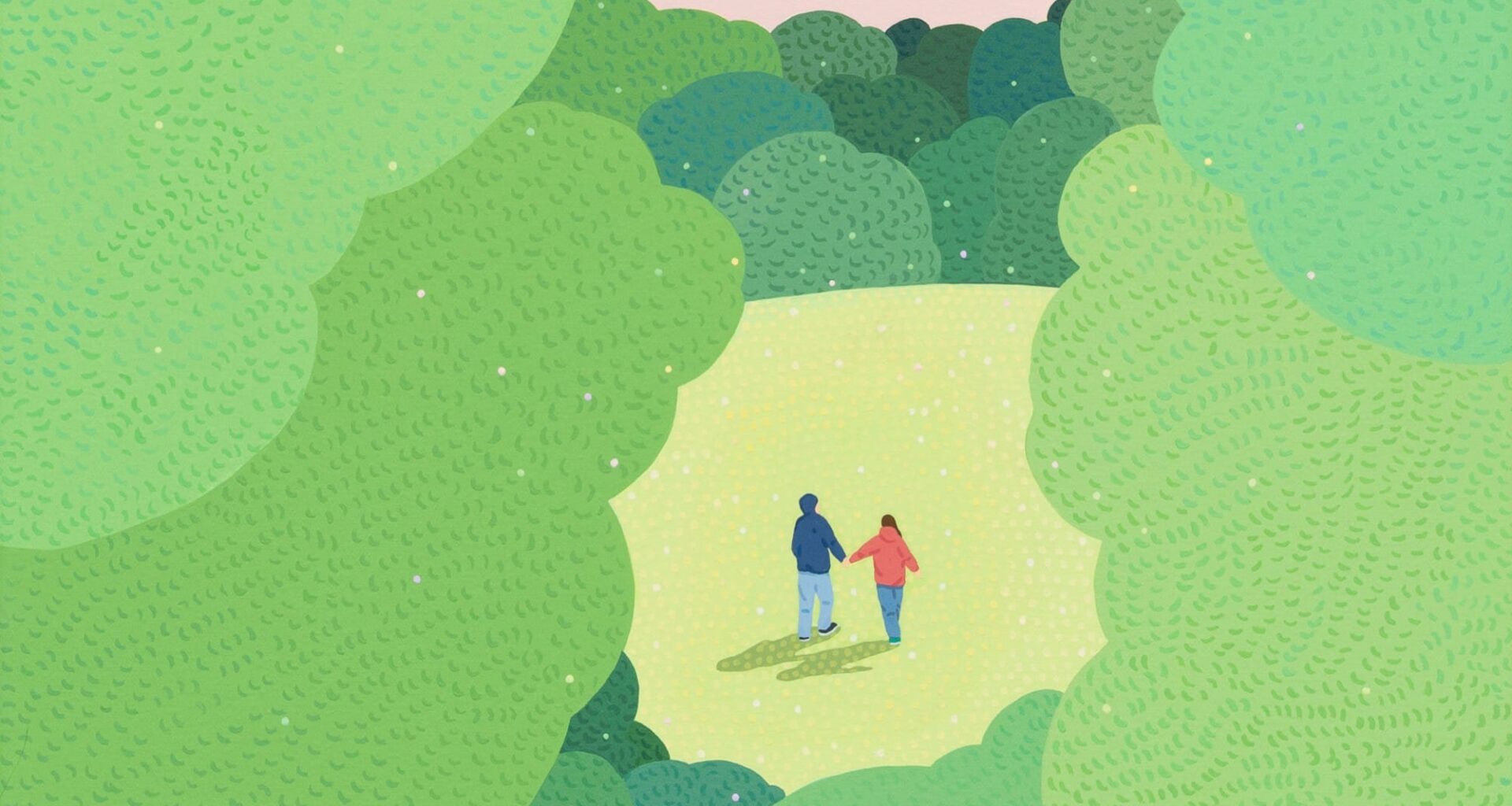 a painting of a lush green opening with two people walking in the center