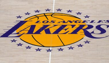 The Lakers logo at half court