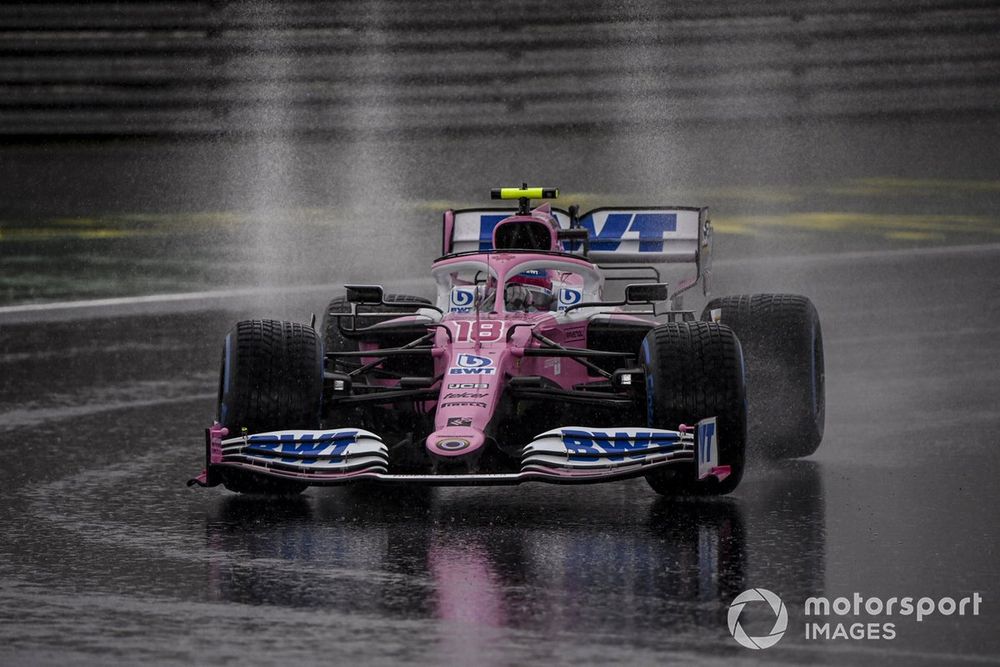 Stroll put the 'pink Mercedes' on pole in wet, cold and slippery conditions