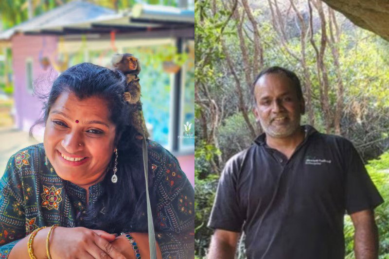 A composite image of a woman with a monkey on her shoulder and then on the right a man in a black polo shirt, smiling.