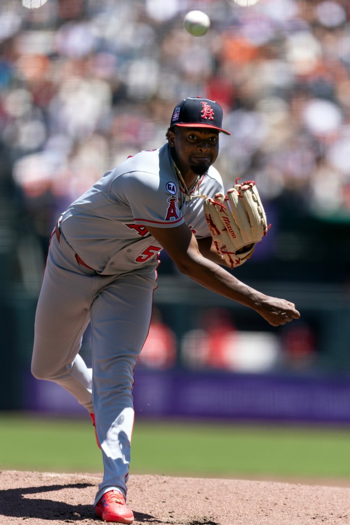 Los Angeles Angels pitcher José Soriano delivers a pitch.