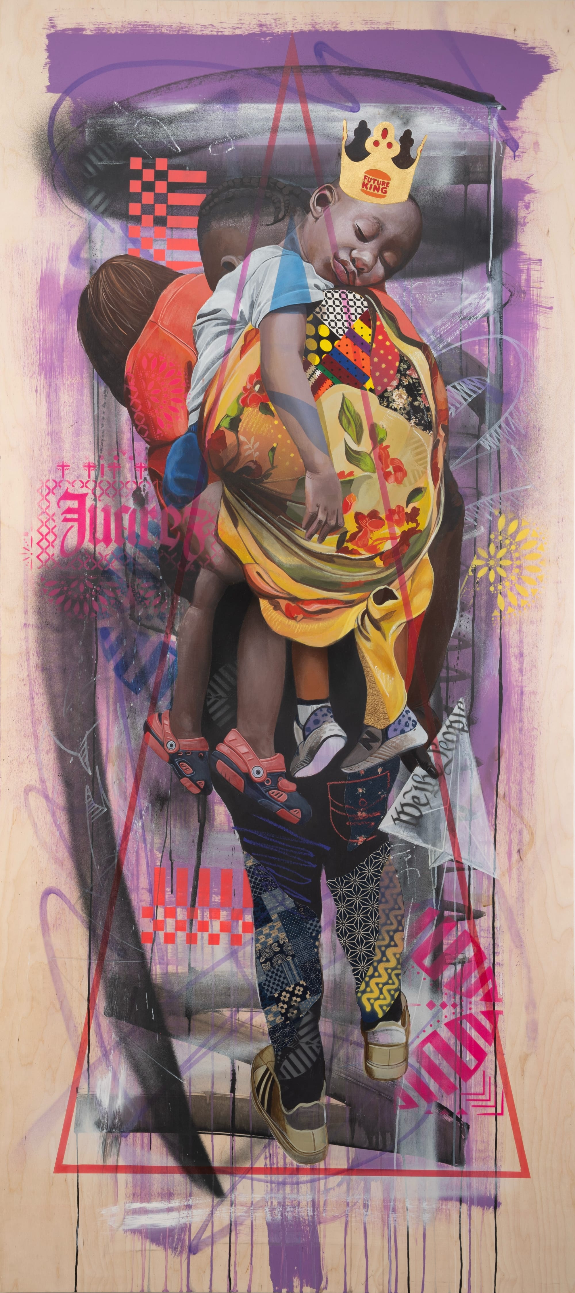 a painting by marka27 of an adult and child, mixed with graffiti, pattern, and pop culture symbols