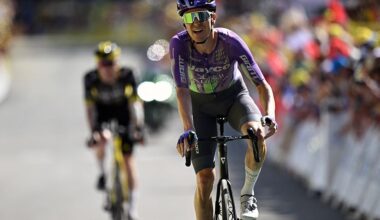 Swiss Mauro Schmid of Team Jayco AlUla crosses the finish line of stage 18 of the 2026 Tour de France cycling race, a stage of 185km from Voiron to Orcieres-Merlette