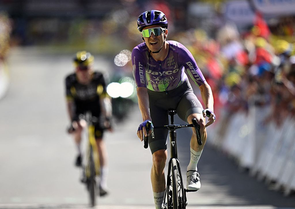 Swiss Mauro Schmid of Team Jayco AlUla crosses the finish line of stage 18 of the 2026 Tour de France cycling race, a stage of 185km from Voiron to Orcieres-Merlette