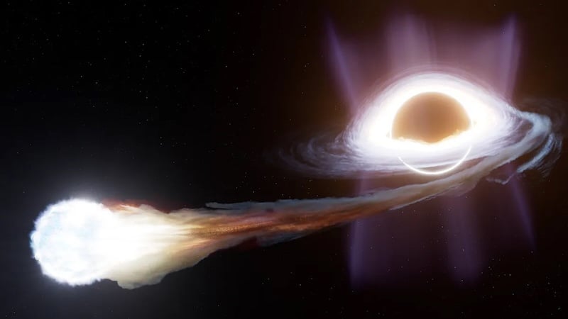 An artist’s impression of a tidal disruption event, where a star gets too close to a black hole and is torn apart, its debris forming an accreting disk of material around the black hole. If the star isn't torn apart, it loses some of its material to the black hole, creating a repeating tidal disruption event. (Credit: Ralf Crawford (STScI)