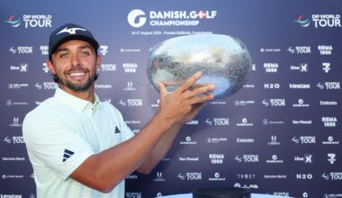 Marco Penge holds the Danish Golf Championship trophy