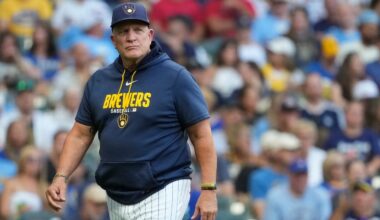 Milwaukee Brewers manager Pat Murphy looks on during the third inning of a baseball game against the Minnesota Twins, Saturday, Aug. 8, 2026, in Milwaukee.