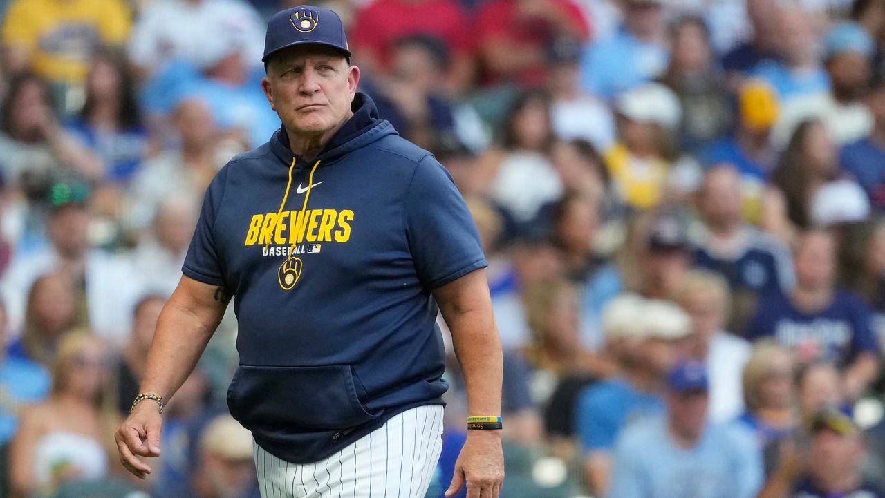 Milwaukee Brewers manager Pat Murphy looks on during the third inning of a baseball game against the Minnesota Twins, Saturday, Aug. 8, 2026, in Milwaukee.