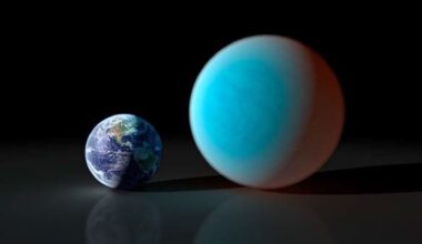 A small Earth is illustrated next to a large blue world.