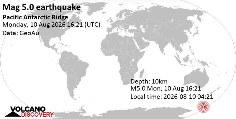 5.0 quake Pacific Antarctic Ridge Aug 10, 2026 04:21 am (GMT -12)