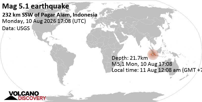 5.1 quake Indian Ocean, 60 km south of Pulau Enggano Island, Bengkulu, Indonesia, Aug 11, 2026 12:08 am (GMT +7)