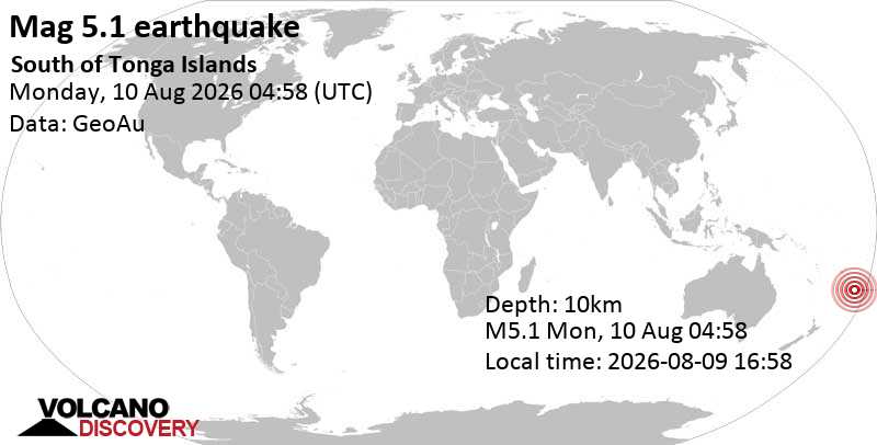 5.1 quake South Pacific Ocean, 356 km south of 'Eua Island, Eua, Tonga, Aug 9, 2026 04:58 pm (GMT -12)