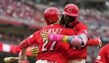 Cincinnati Reds' Elly de la Cruz, right, celebrates with Sal Stewart, left, after hitting a two-run homer during the fourth inning of a baseball game against the Philadelphia Phillies in Cincinnati, Wednesday, July 8, 2026.