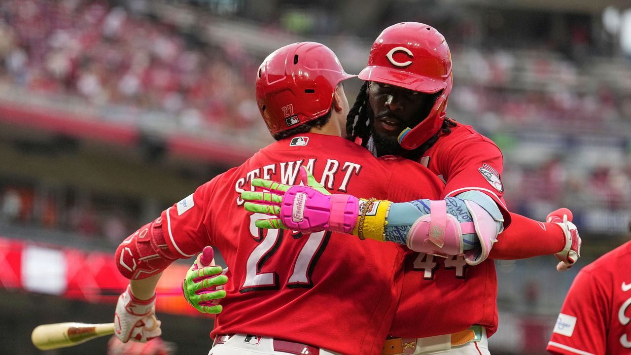 Cincinnati Reds' Elly de la Cruz, right, celebrates with Sal Stewart, left, after hitting a two-run homer during the fourth inning of a baseball game against the Philadelphia Phillies in Cincinnati, Wednesday, July 8, 2026.