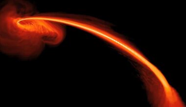 A hydrodynamical simulation of a star being ripped apart by the tidal forces of a supermassive black hole. How much material is ripped out determines the brightness of the resulting flare seen around the black hole. Credit: NASA/ S. Gezari (JHU)/ J. Guillochon (UCSC)