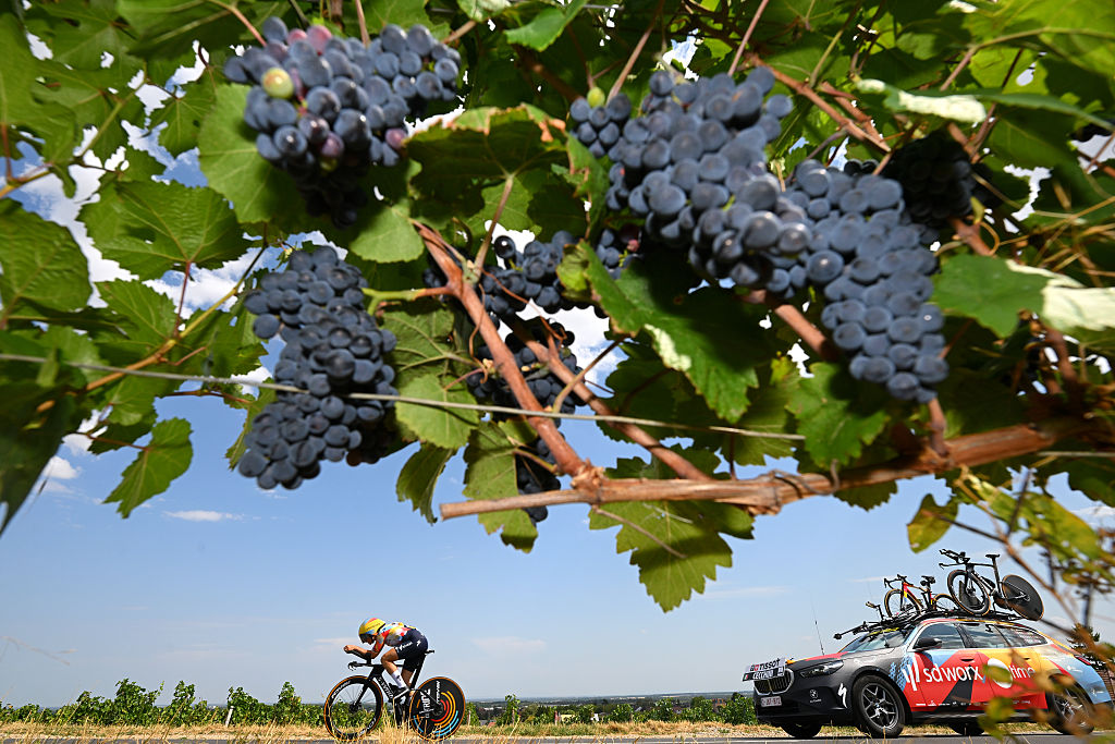 DIJON, FRANCE - AUGUST 04: Elena Cecchini of Italy and Team SD Worx - Protime competes close to a vineyards field during the 5th Tour de France Femmes 2026, Stage 4 a 21km individual time trial stage from Gevrey-Chambertin to Dijon / #UCIWWT / on August 04, 2026 in Dijon, France. (Photo by Tim de Waele/Getty Images)