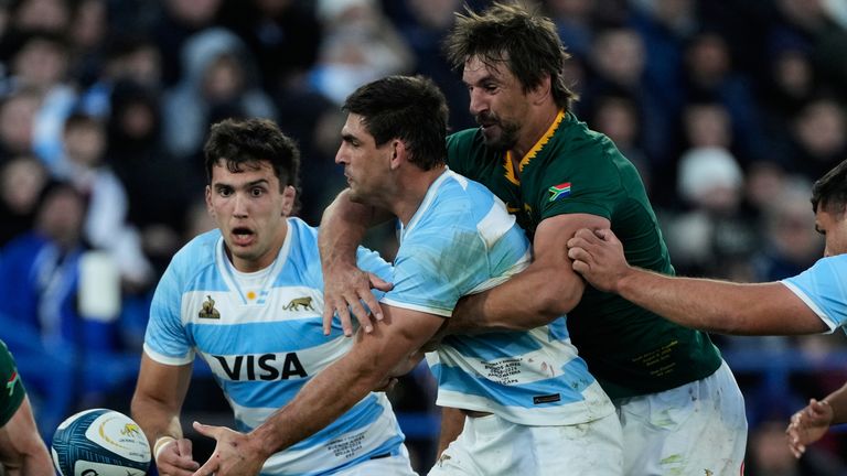 Argentina's Pablo Matera, left, is tackled by South Africa's Eben Etzebeth