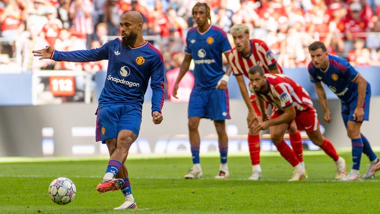 Bryan Mbeumo scores from the penalty spot to level the game against Atletico