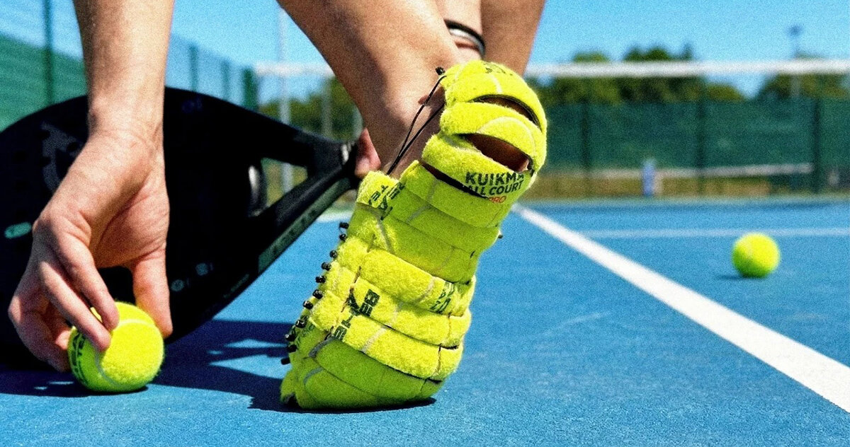 sliced open and rebuilt, discarded tennis balls become wearable shoes
