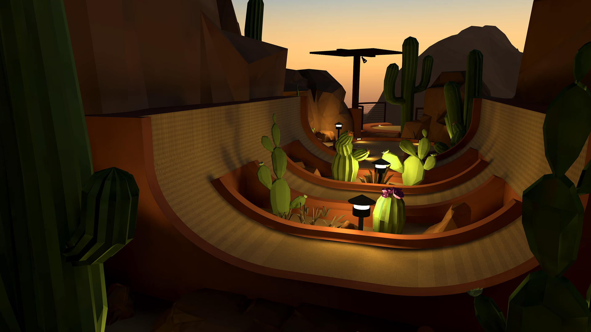 A desert course in Walkabout Mini Golf at sunset, with terraced greens curving between saguaro cacti and red rock