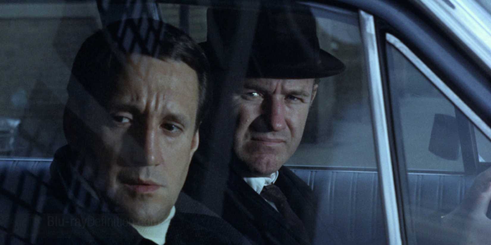 Roy Scheider and Gene Hackman inside a car in The French Connection