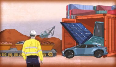 Sketch illustration of a worker wearing a hard hat and hi vis vest, viewed from behind, looking at a conveyor belt of raw materials on the left and a shipping container filled with finished products including an EV, laptop and a solar panel on the right.