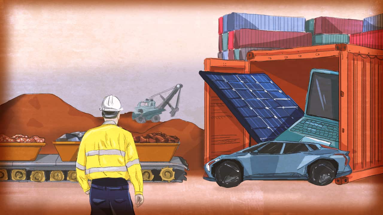 Sketch illustration of a worker wearing a hard hat and hi vis vest, viewed from behind, looking at a conveyor belt of raw materials on the left and a shipping container filled with finished products including an EV, laptop and a solar panel on the right.