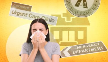 A composite image of  a woman sneezing and different health facility signs