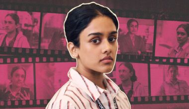 A close-up portrait of actor Shabana Azeez in the centre wearing a white striped shirt, with a collage of her photographs running across the background in a layered, tape-inspired treatment in shades of pink.