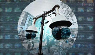 An image of an AI surveillance camera digitally altered with TV static and colour manipulation.