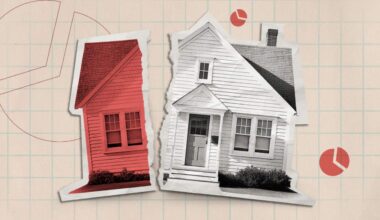 Graphic art of a paper cutout of a house that is ripped in two. The left side of the house is coloured in red and the other black and white. There is grid paper and pink pie charts in the background.