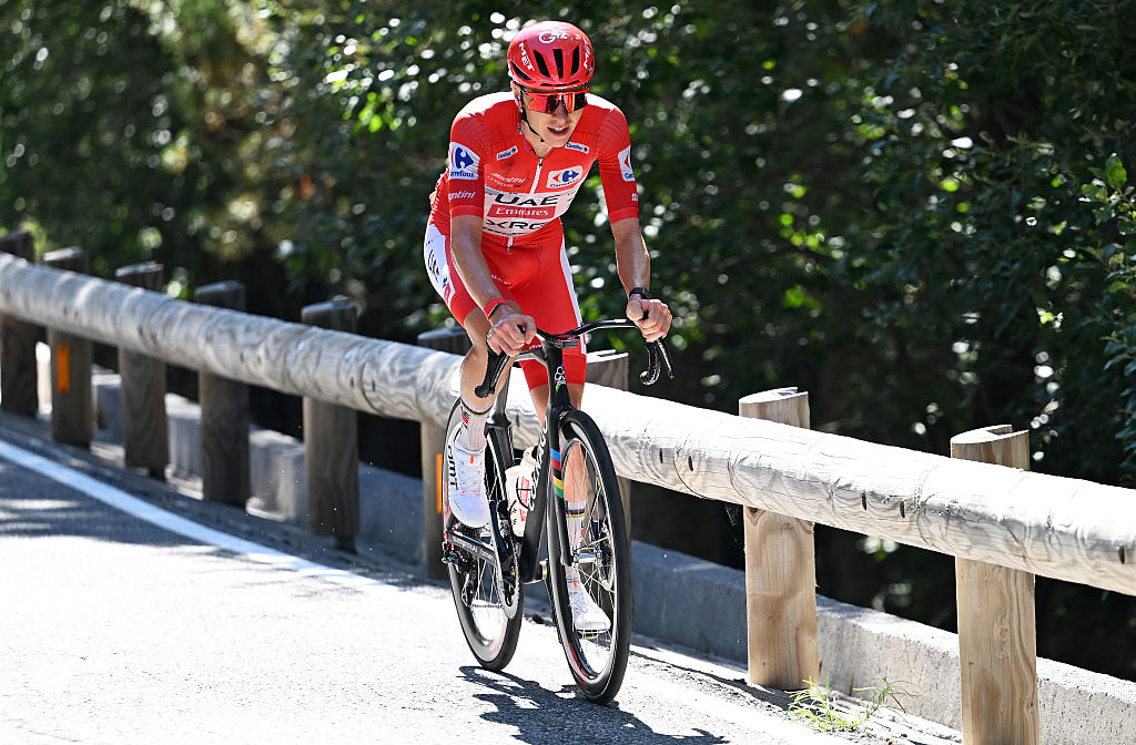 ANDORRA LA VELLA, ANDORRA - AUGUST 25: Tadej Pogacar of Slovenia and UAE Team Emirates XRG - Red Leader Jersey attacks in the breakaway during the La Vuelta - 81st Tour of Spain 2026, Stage 4 a 104.8km from Andorra la Vella to Andorra la Vella / #UCIWT / on August 25, 2026 in Andorra la Vella, Andorra. (Photo by Tim de Waele/Getty Images)