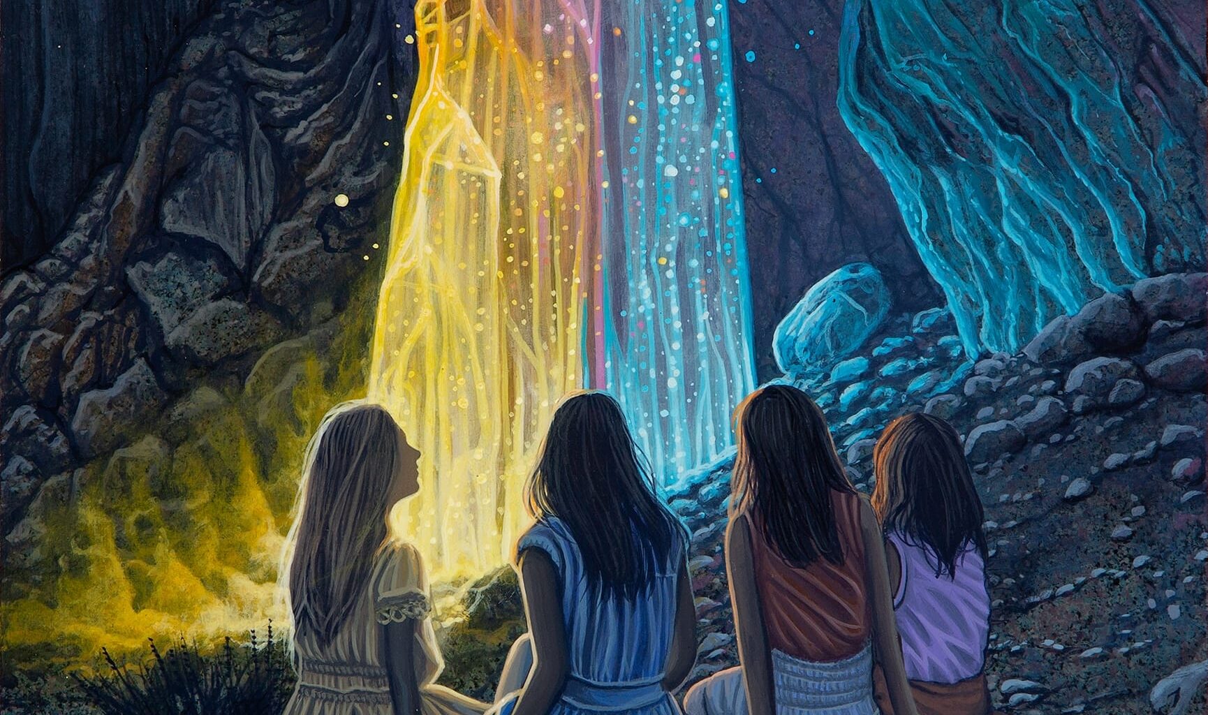 a small acrylic painting by Wiley Wallace of a dusky desert scene with four young women seated around a giant prismatic crystal