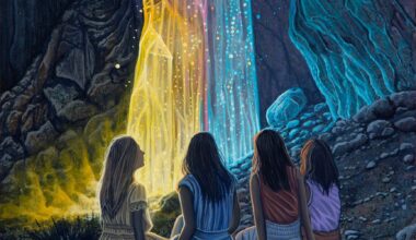 a small acrylic painting by Wiley Wallace of a dusky desert scene with four young women seated around a giant prismatic crystal