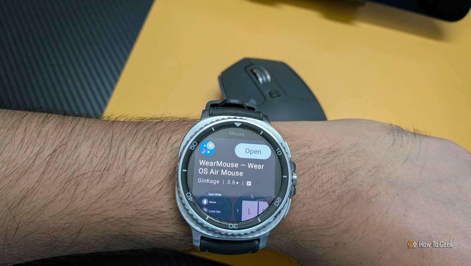 WearMouse listing by GinKage on the Google Play Store on the Galaxy Watch with the Open button showing.