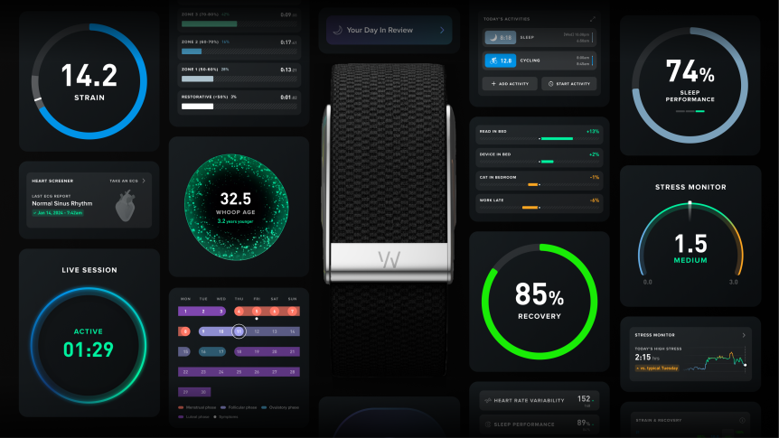 Whoop wearable surrounded by different Whoop features.