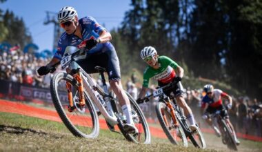 Mathieu van der Poel (Alpecin-Premier Tech) during the XCO World Cup at the Les Gets round of the WHOOP UCI Mountain Bike World Series