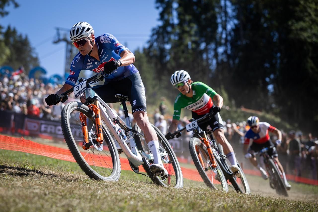 Mathieu van der Poel (Alpecin-Premier Tech) during the XCO World Cup at the Les Gets round of the WHOOP UCI Mountain Bike World Series