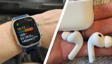 The Apple Watch 3 and AirPods Pro 3 during our tests in a split-image
