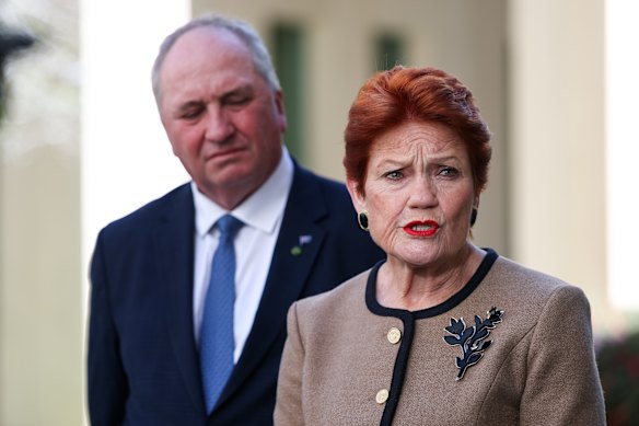 One Nation’s Barnaby Joyce and Pauline Hanson.