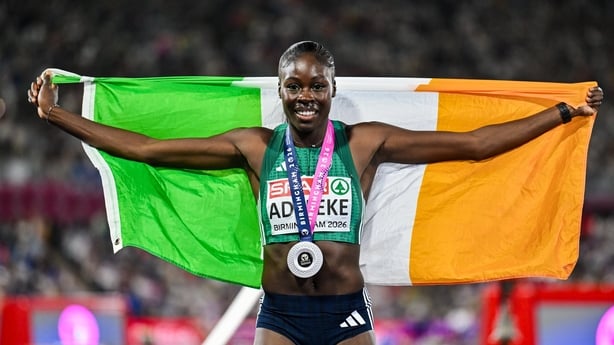 Birmingham , United Kingdom - 13 August 2026; Rhasidat Adeleke of Ireland celebrates after finishing second with time 22.28 and winning the silver medal in the women's 200m final during day four of the European Athletics Championships 2026 at Alexander Stadium in Birmingham, England. (Photo By Sam B